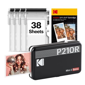 Kodak Mini 2 Retro Portable Photo Printer + 38 Sheets Bundle-(Black)