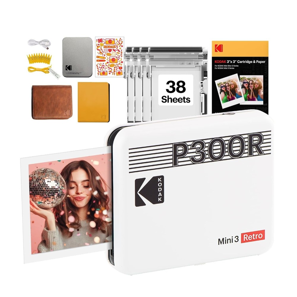Kodak Mini 3 Retro 4PASS Portable Photo Printer (3x3 Inch) + 38 Sheets Bundle | Instant Bluetooth Photo Printer for iOS & Android-(White)
