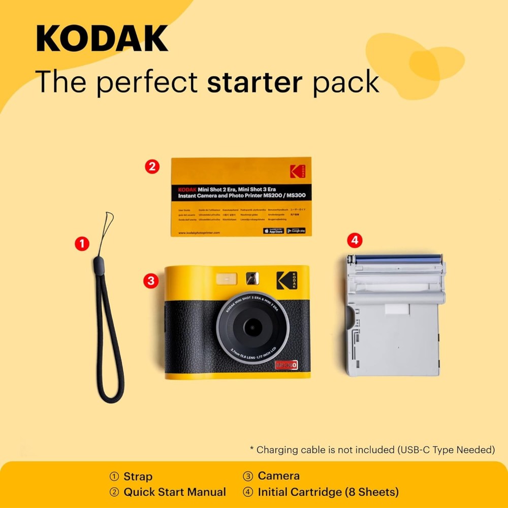 KODAK Mini Shot 3 ERA 4PASS 2-in-1 Instant Camera and Photo Printer (Camera + 8 Sheets)-(Yellow)