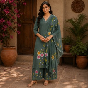 Beautiful Plus Size Elephant Grey 3 Piece Suit Set for Women with Floral Embroidered Kurta, Matching Bottom & Dupatta, Elegant Ethnic Wear – (CMHT0345)