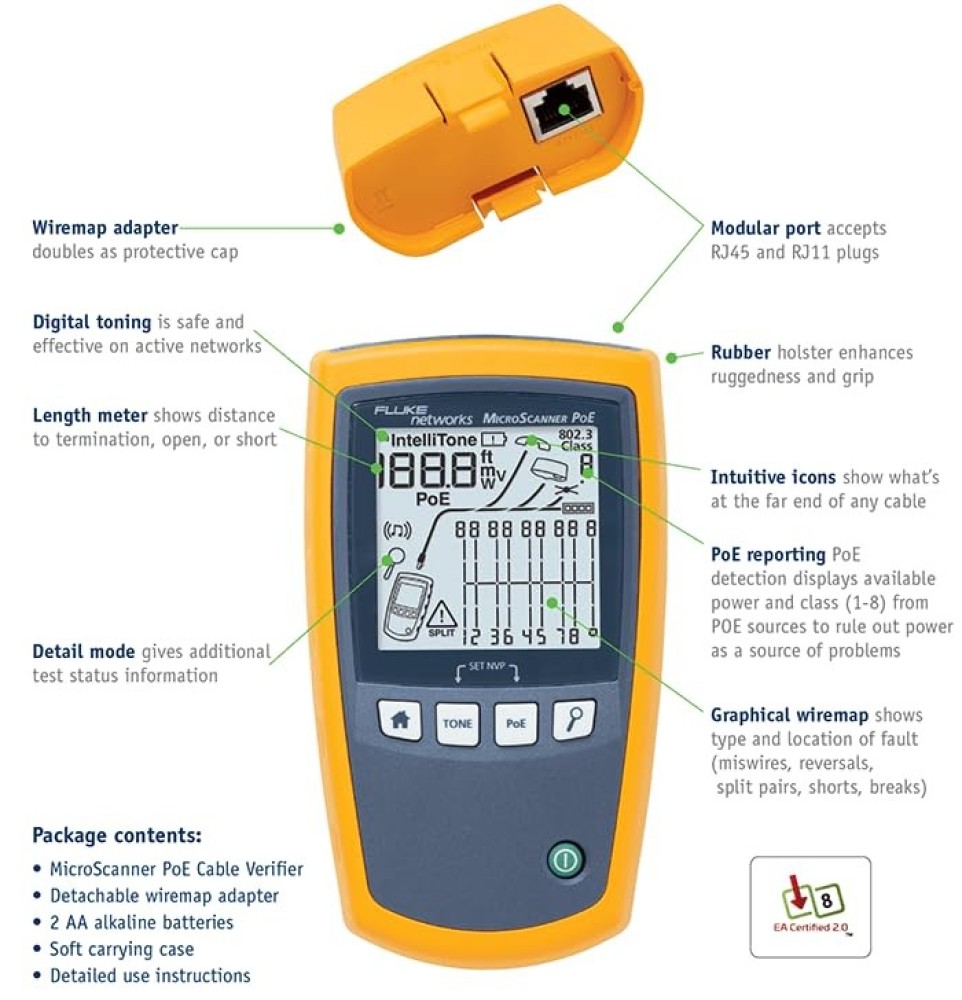 Fluke Networks MS-POE MicroScanner Copper Cable Verifier & PoE Tester RJ45 Cat5e Cat6 Cat6A | 5018508