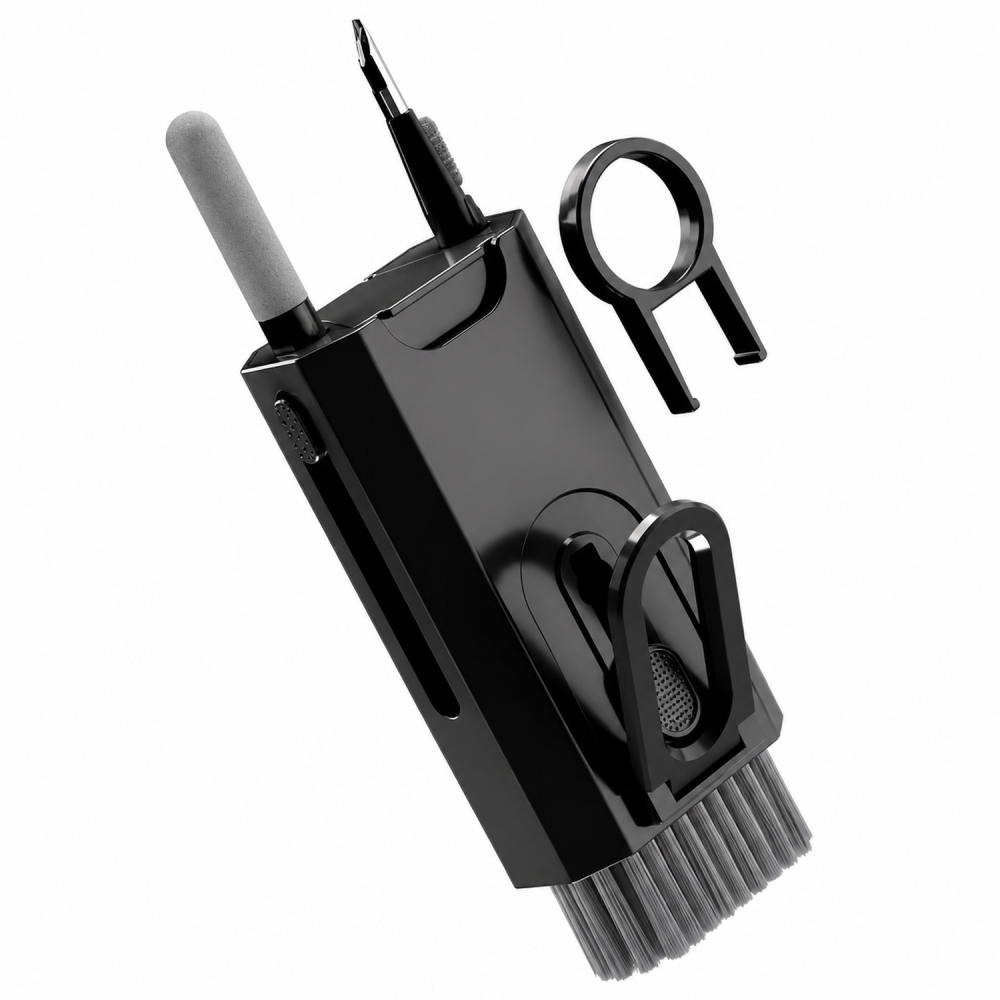 Portronics Clean M, 8-in-1 Multifunctional Gadget Cleaning Kit with Mobile Holder for Smartphones, Tablets, Laptops & Earbuds – Portable Electronics Cleaning Kit – (Black)
