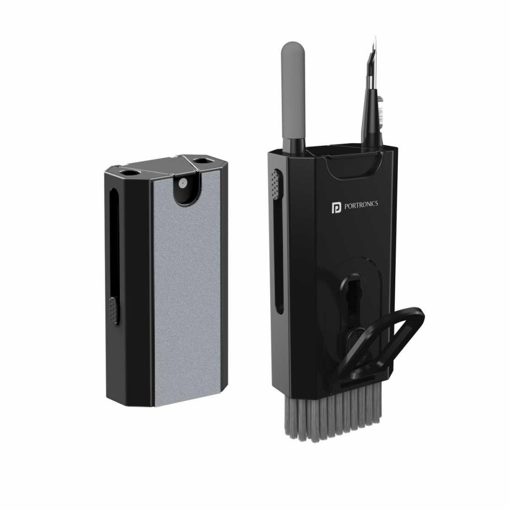 Portronics Clean M, 8-in-1 Multifunctional Gadget Cleaning Kit with Mobile Holder for Smartphones, Tablets, Laptops & Earbuds – Portable Electronics Cleaning Kit – (Black)