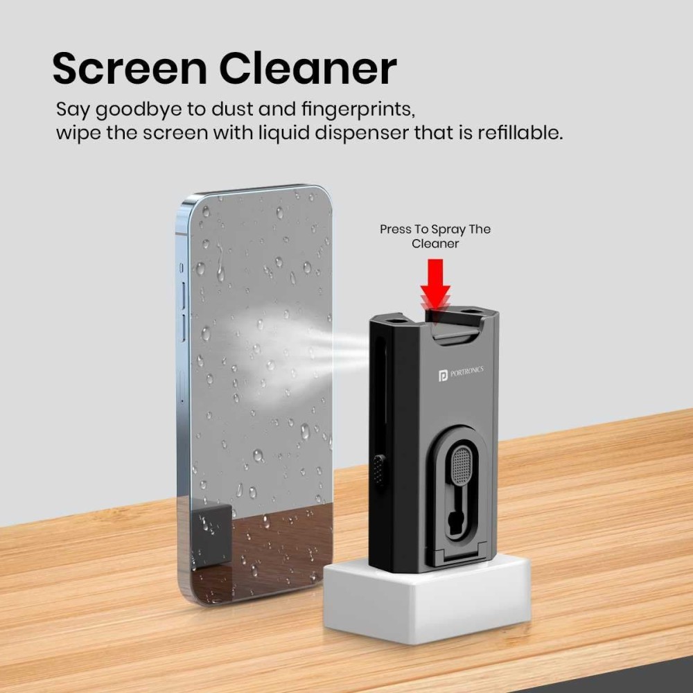 Portronics Clean M, 8-in-1 Multifunctional Gadget Cleaning Kit with Mobile Holder for Smartphones, Tablets, Laptops & Earbuds – Portable Electronics Cleaning Kit – (Black)