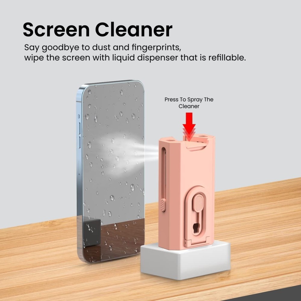 Portronics Clean M, 8-in-1 Multifunctional Gadget Cleaning Kit with Mobile Holder for Smartphones, Tablets, Laptops & Earbuds – Portable Electronics Cleaning Kit – (Pink)