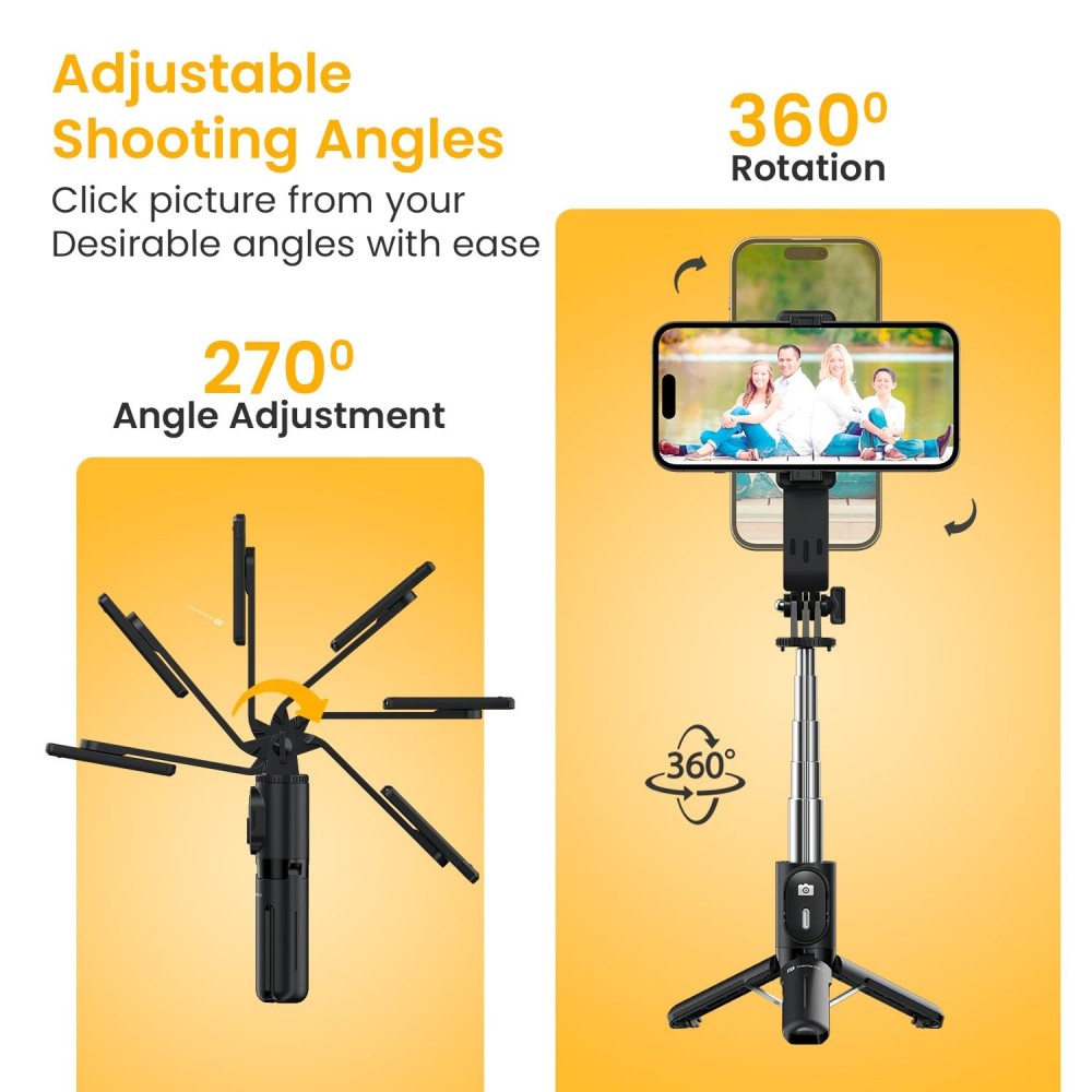 Portronics Lumistick Mini 3-in-1 Extendable Selfie Stick with Wireless Detachable Bluetooth Remote & Tripod Stand, Portable Lightweight Selfie Stick for iPhone, Android & All Smartphones – (B