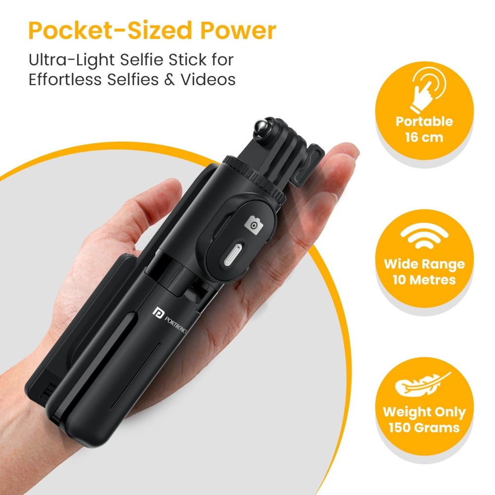 Portronics Lumistick Mini 3-in-1 Extendable Selfie Stick with Wireless Detachable Bluetooth Remote & Tripod Stand, Portable Lightweight Selfie Stick for iPhone, Android & All Smartphones – (B