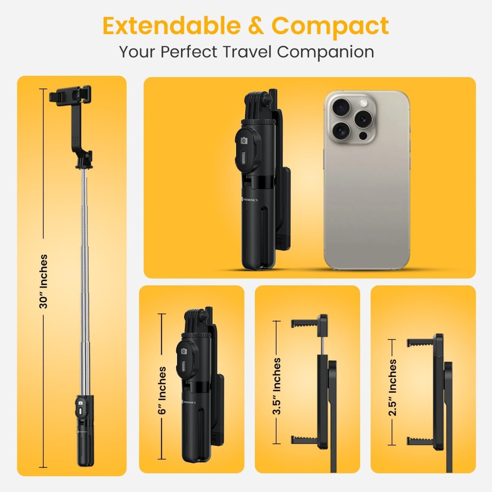 Portronics Lumistick Mini 3-in-1 Extendable Selfie Stick with Wireless Detachable Bluetooth Remote & Tripod Stand, Portable Lightweight Selfie Stick for iPhone, Android & All Smartphones – (B