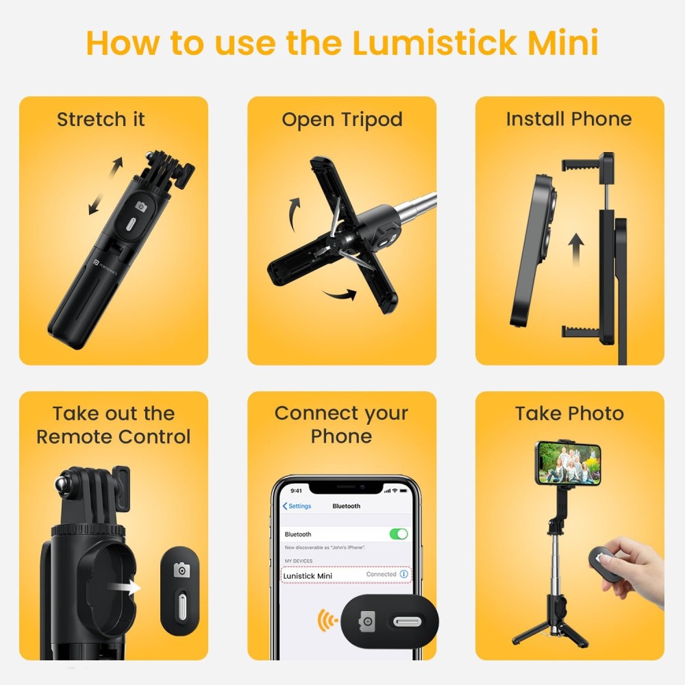 Portronics Lumistick Mini 3-in-1 Extendable Selfie Stick with Wireless Detachable Bluetooth Remote & Tripod Stand, Portable Lightweight Selfie Stick for iPhone, Android & All Smartphones – (B