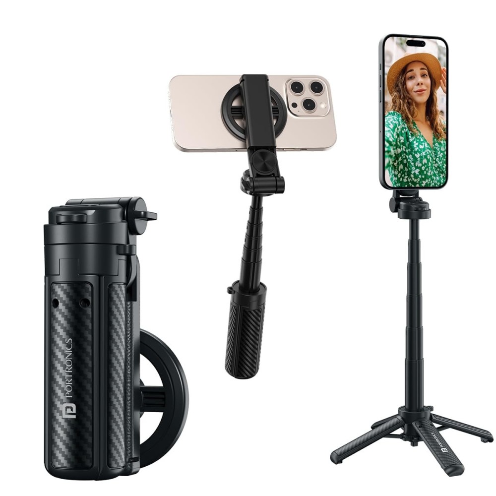Portronics Lumistick Snap Magnetic Selfie Stick with Quadripod Tripod Stand, Detachable Bluetooth Remote, 360° Rotation, Metal Ring, Foldable & Travel-Friendly for iPhone and Android – (Black