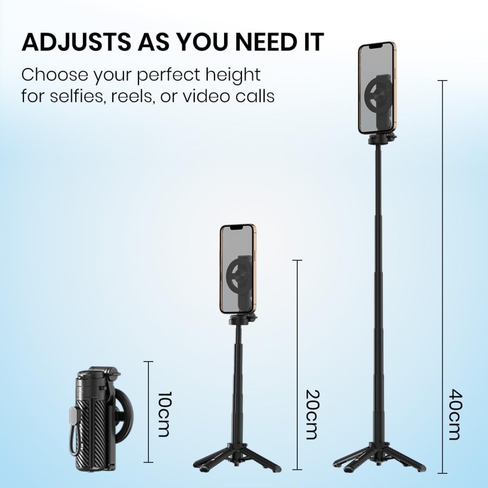 Portronics Lumistick Snap Magnetic Selfie Stick with Quadripod Tripod Stand, Detachable Bluetooth Remote, 360° Rotation, Metal Ring, Foldable & Travel-Friendly for iPhone and Android – (Black