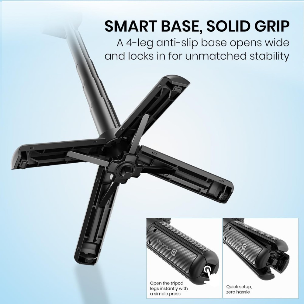 Portronics Lumistick Snap Magnetic Selfie Stick with Quadripod Tripod Stand, Detachable Bluetooth Remote, 360° Rotation, Metal Ring, Foldable & Travel-Friendly for iPhone and Android – (Black