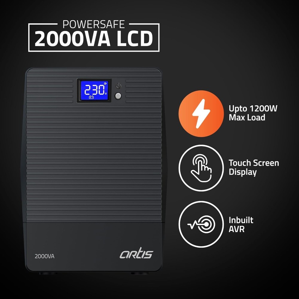 Artis 2000VA / 1200W Line Interactive UPS with AVR, Dual 12V 9Ah Batteries, 4 Output Sockets, Cold Start, Auto Restart, Generator Compatibility