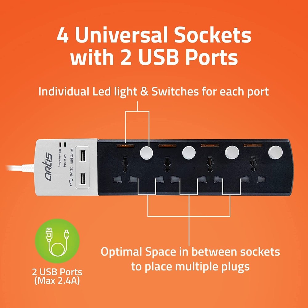 Artis AR-4MSU-CB 4 Universal Sockets & 2 USB with Individual Switch Surge Protector(Black).