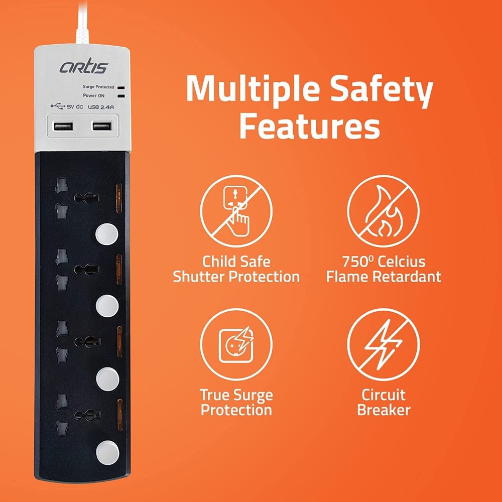 Artis AR-4MSU-CB 4 Universal Sockets & 2 USB with Individual Switch Surge Protector(Black).
