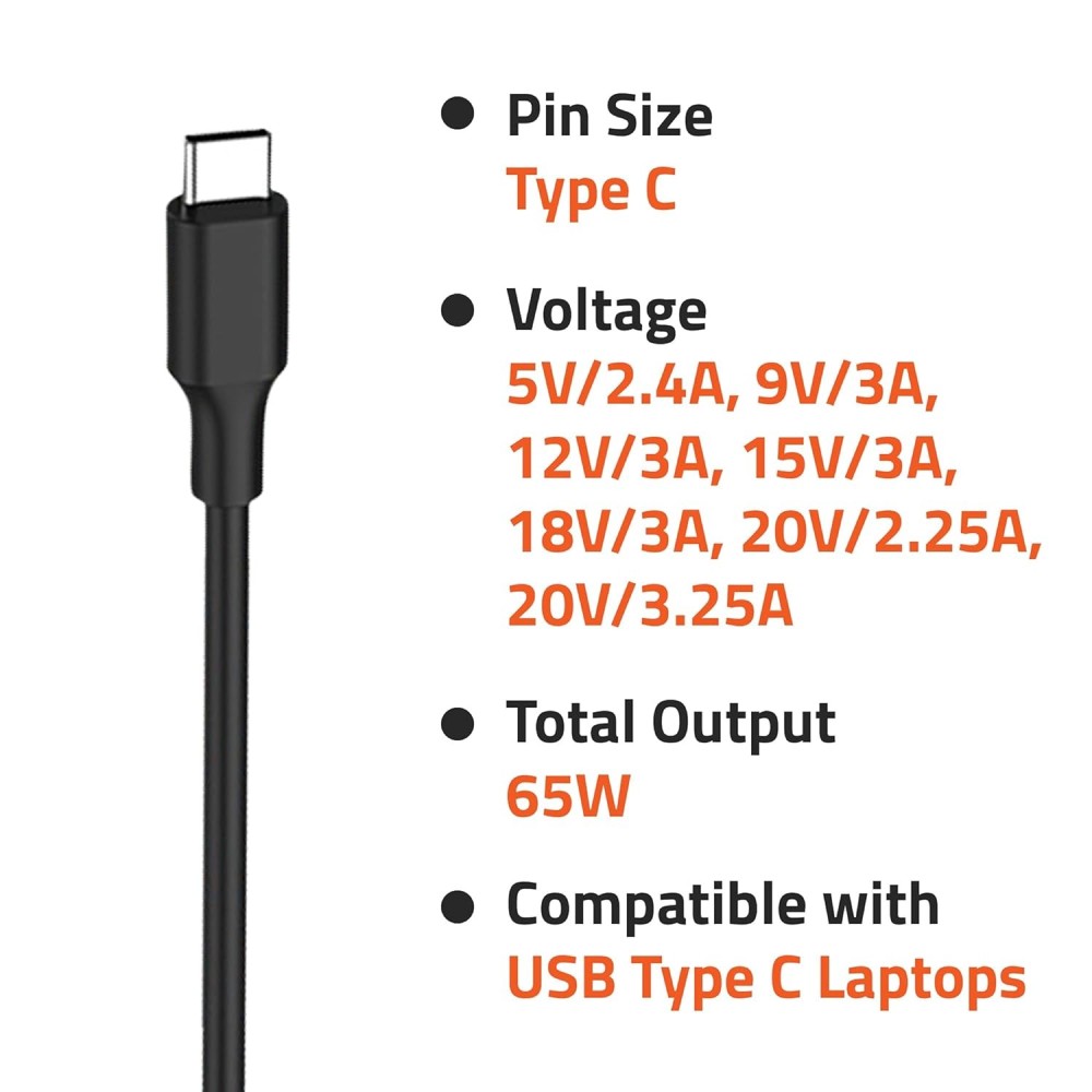 Artis 65W USB Type C Compatible Laptop Adapter with Power Cable