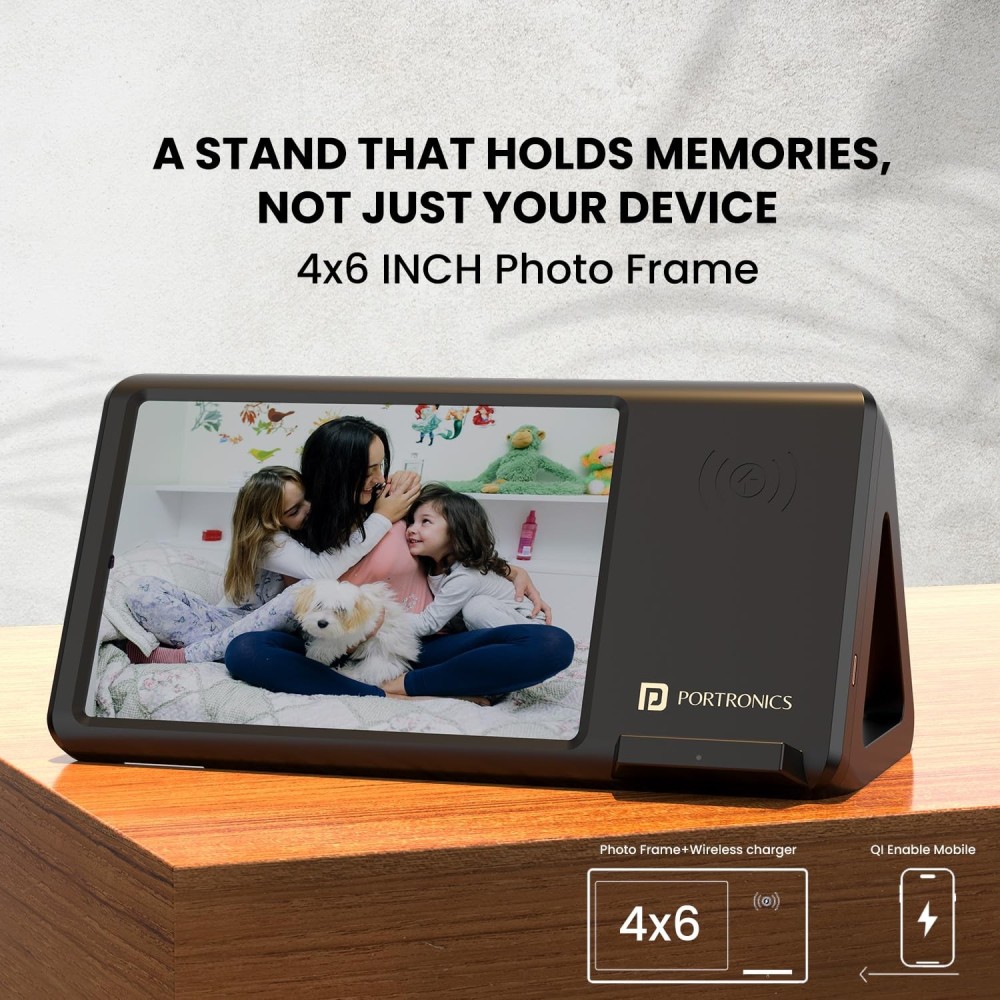 Portronics Freedom 5 15W Wireless Charger with Photo Frame for iPhone 12 & Above – Magnetic Fast Charging Stand-(Black)