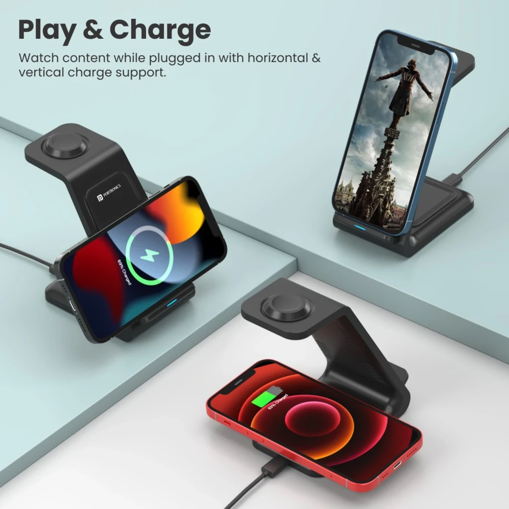 Portronics Freedom 33 3-in-1 15W Wireless Charging Pad | Fast Desktop Charger for Phone, Smartwatch & Earbuds-(Black)
