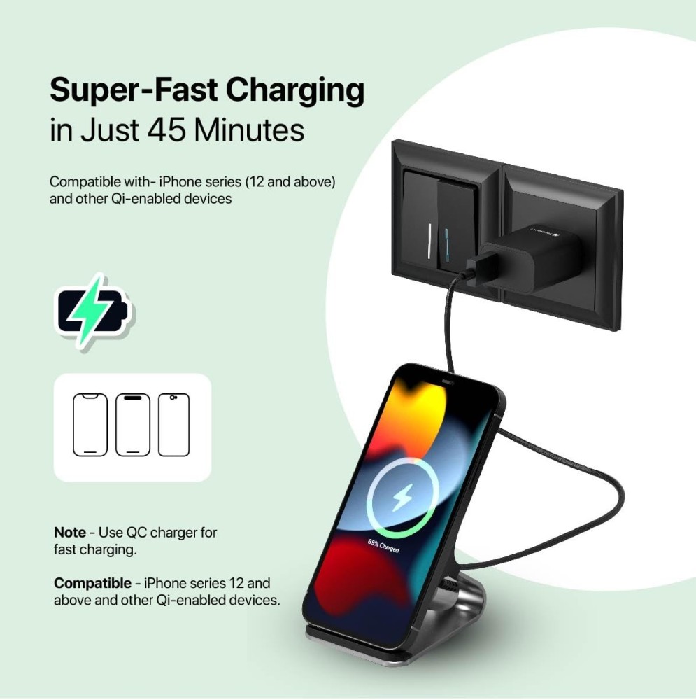 Portronics Freedom 15 Plus 15W Wireless Charger Stand | Fast Charging Desktop Mobile Stand with Dual Coil, Aluminum Alloy, USB Cable - (Silver)