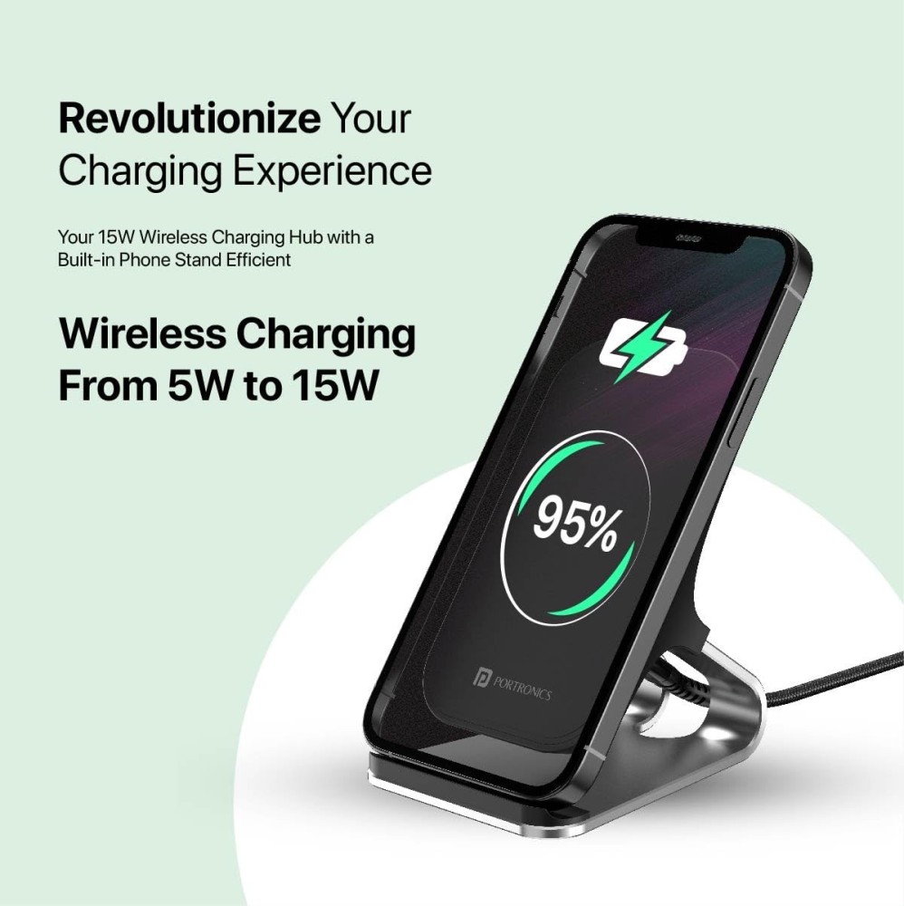 Portronics Freedom 15 Plus 15W Wireless Charger Stand | Fast Charging Desktop Mobile Stand with Dual Coil, Aluminum Alloy, USB Cable - (Silver)