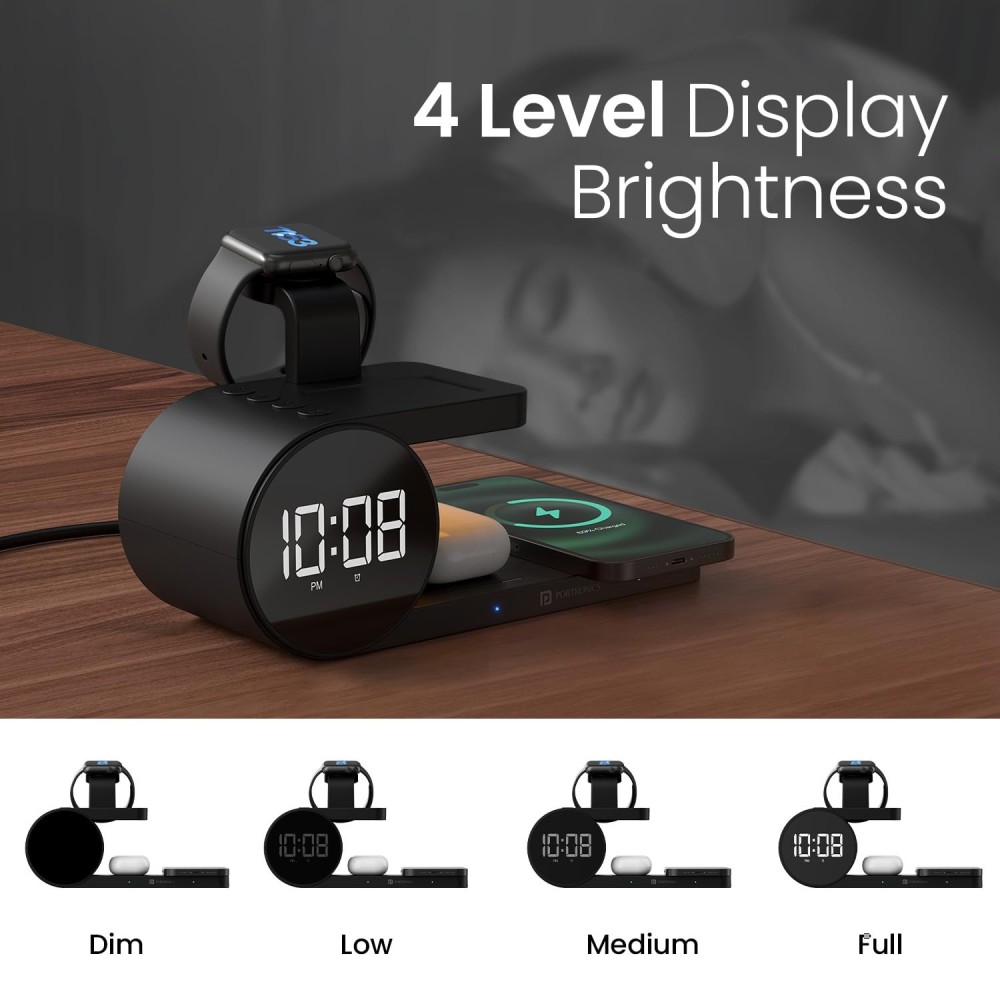 Portronics Freedom 6 15W Wireless Charger 6-in-1 Fast Charging Station with Clock & Alarm for iPhone, Samsung, Earbuds & Smartwatch-(Black)