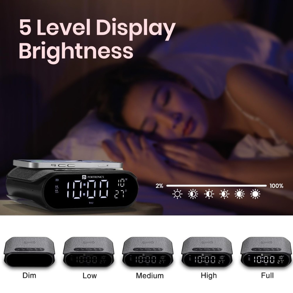 Portronics VoltClock 15W Wireless Fast Charger with Digital Clock, Dual Alarm, Snooze, Temperature Display | Qi Wireless Charging Stand for iPhone, Samsung & All Qi-Enabled Smartphones-(Black)