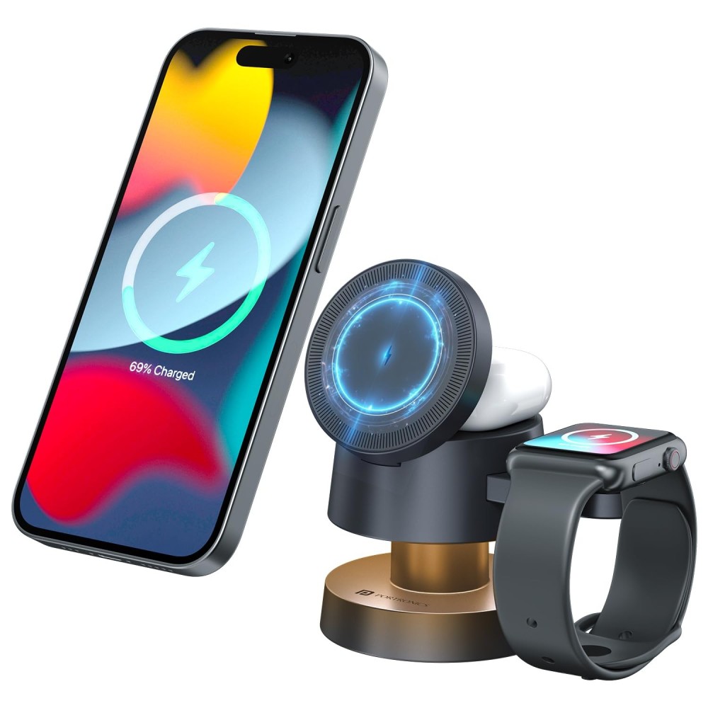 Portronics TriCharge 4-in-1 15W Fast Wireless Charger with Night Lamp | MagSafe Compatible Charging Station for iPhone 16, 15, 14, 13, Apple Watch & AirPods-(Grey)