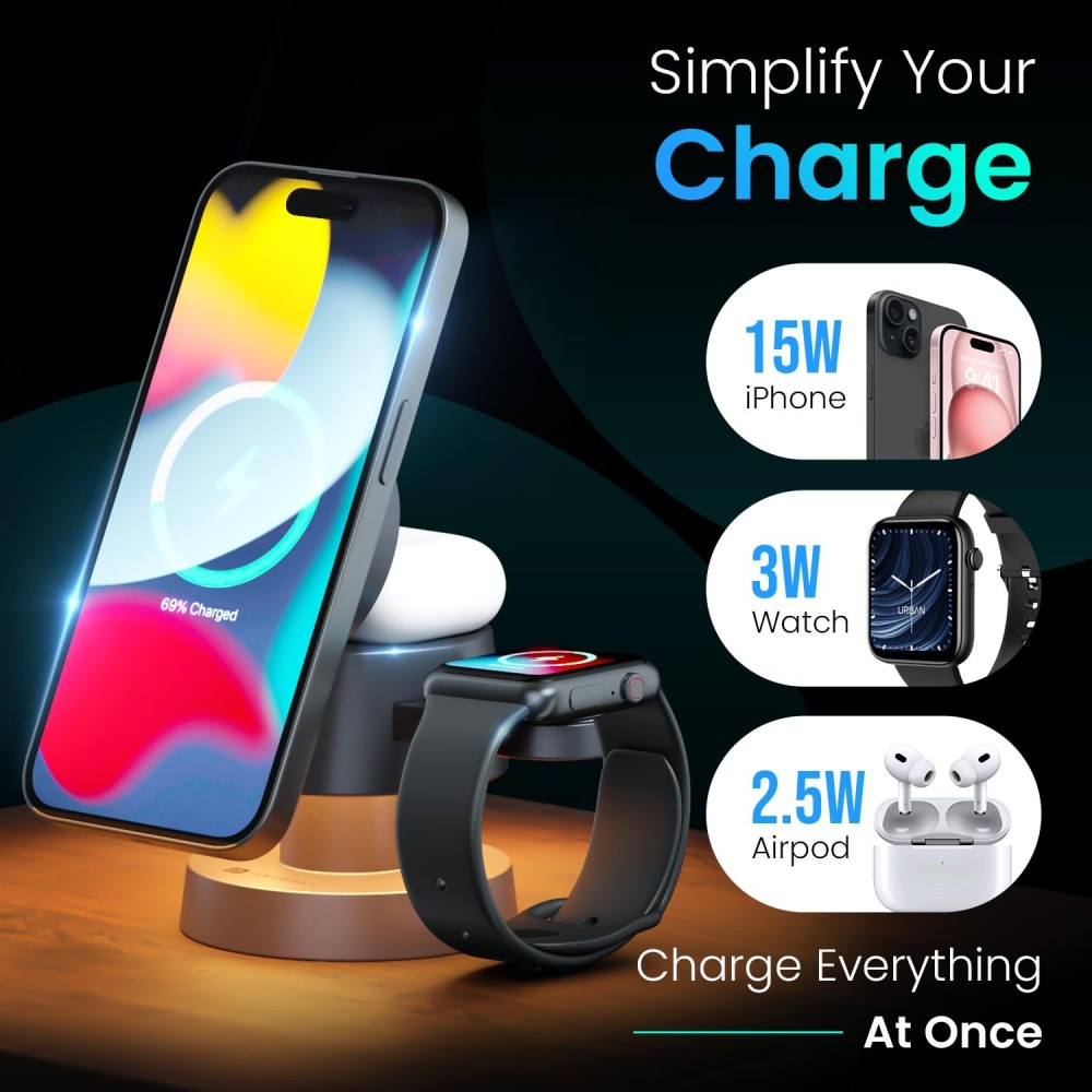 Portronics TriCharge 4-in-1 15W Fast Wireless Charger with Night Lamp | MagSafe Compatible Charging Station for iPhone 16, 15, 14, 13, Apple Watch & AirPods-(Grey)