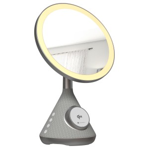 Portronics MOVO 3-in-1 Wireless Charger with Bluetooth Speaker & Makeup Mirror | Qi2 Certified 15W Fast Wireless Charging | LED Mirror | Type-C