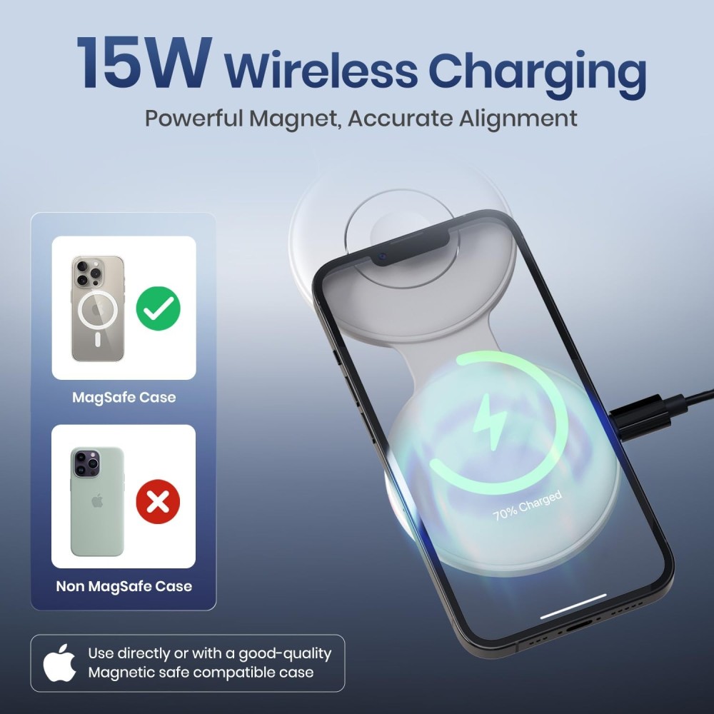 Portronics ChargeMate Trio 3-in-1 Wireless Charger 15W with 60W USB-C Fast Charging Cable Kit | Wireless Charging for iPhone, Android, Earbuds & Smartwatch | Mobile Stand-(White)