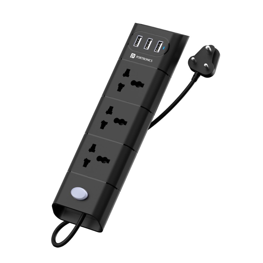 Portronics Power Plate II 1500W Extension Board with 3 USB Ports, 3 Power Sockets, 2M Long Cord & Overload Protection – (Black)