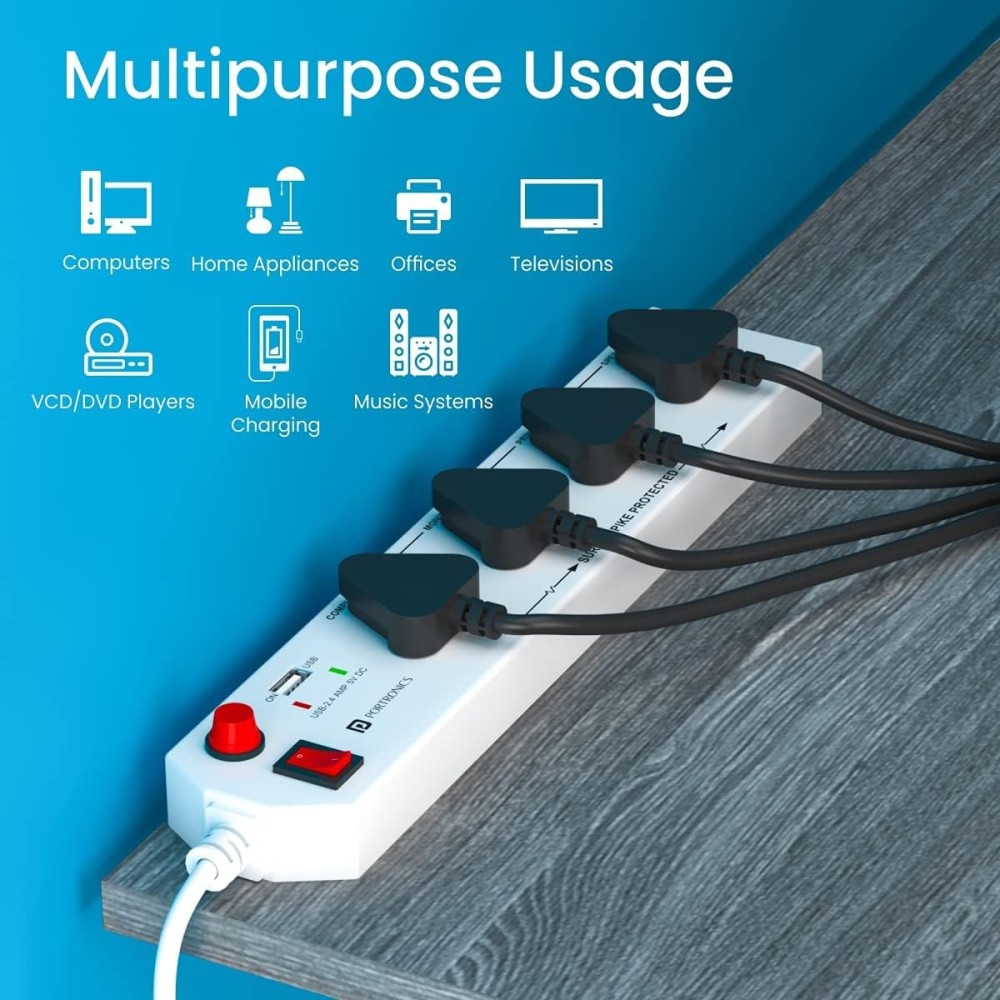 Portronics Power Plate 4 Extension Board 1500W with 4 Universal Sockets, USB Charging Port, 1.5m Cord & Child Safety Shutter – (White)