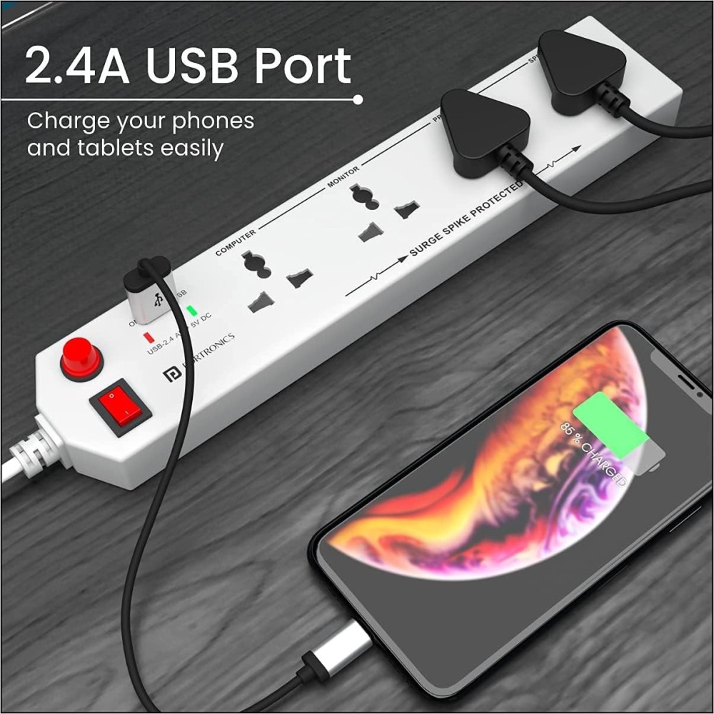 Portronics Power Plate 4 Extension Board 1500W with 4 Universal Sockets, USB Charging Port, 1.5m Cord & Child Safety Shutter – (White)