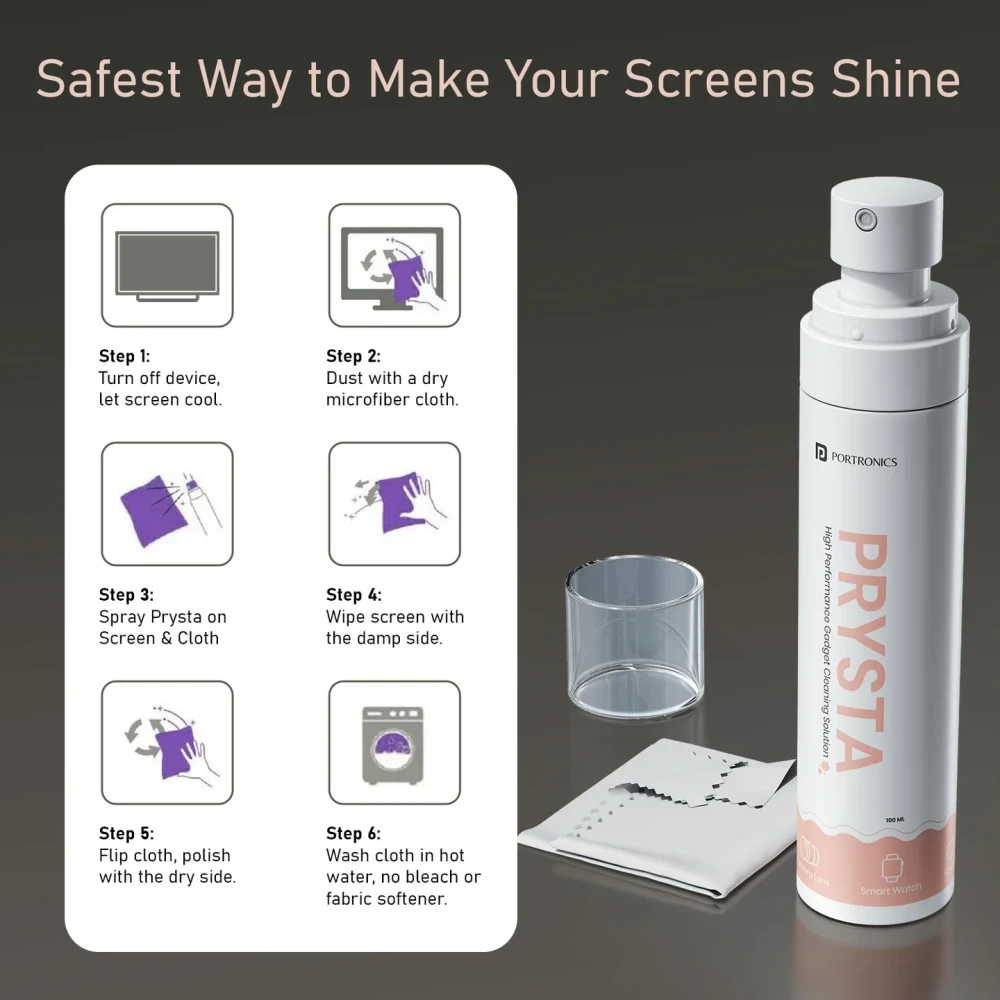 Portronics Prysta Microfiber Cleaning Cloth with Easy Spray Application, Antibacterial Cleaning Solution, Multi-Surface Cleaner for Screens, Electronics, Glass, Appliances & Home Use