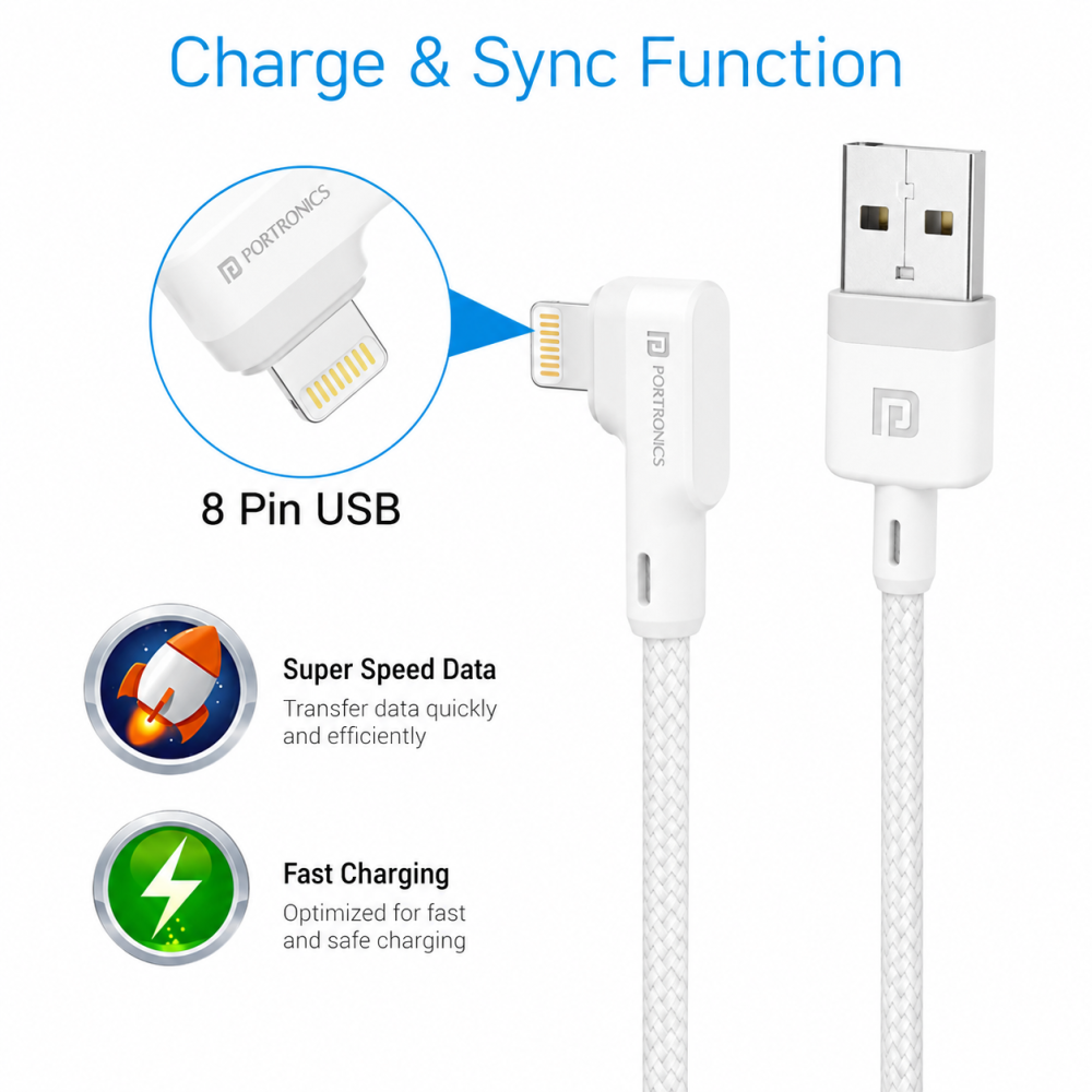 Portronics Konnect L 1.2M Fast Charging 3A 8-Pin USB Cable with Charge & Sync Function for iPhone & iPad – Durable Lightning Data & Charging Cable – (White)