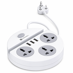 Portronics Power Plate 5 1500W Power Converter with 3 AC Sockets, 3 USB Ports & Mobile Holder | 1.5m Extension Cord-(White)