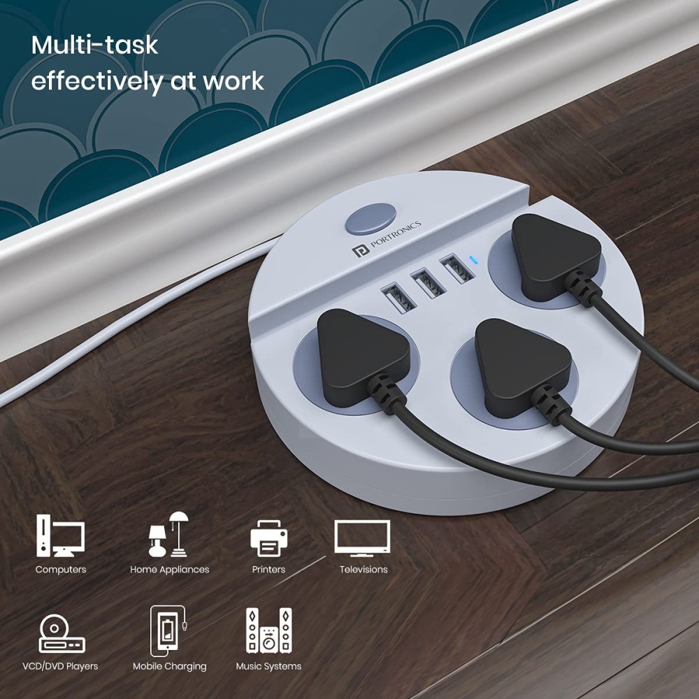 Portronics Power Plate 5 1500W Power Converter with 3 AC Sockets, 3 USB Ports & Mobile Holder | 1.5m Extension Cord-(White)