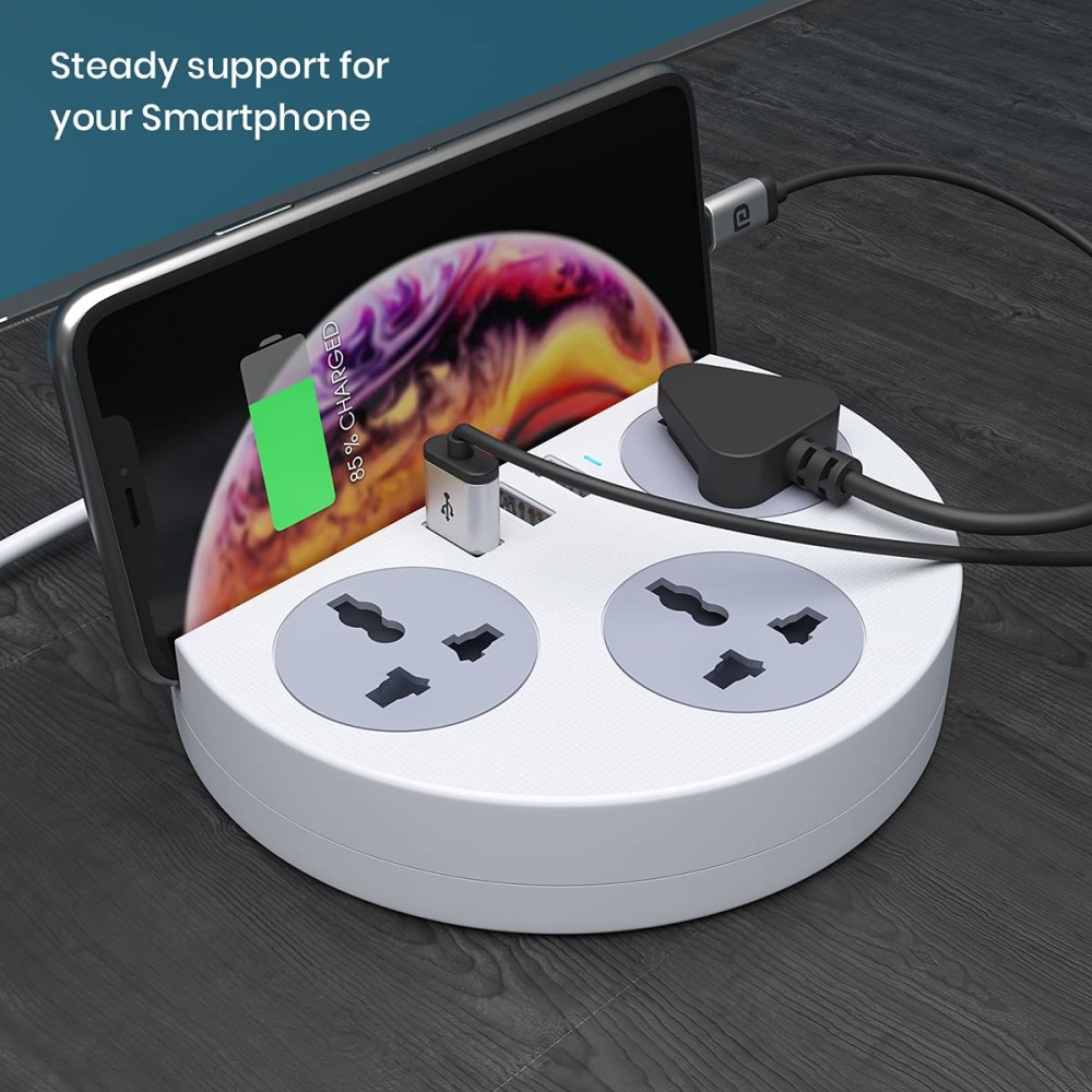 Portronics Power Plate 5 1500W Power Converter with 3 AC Sockets, 3 USB Ports & Mobile Holder | 1.5m Extension Cord-(White)