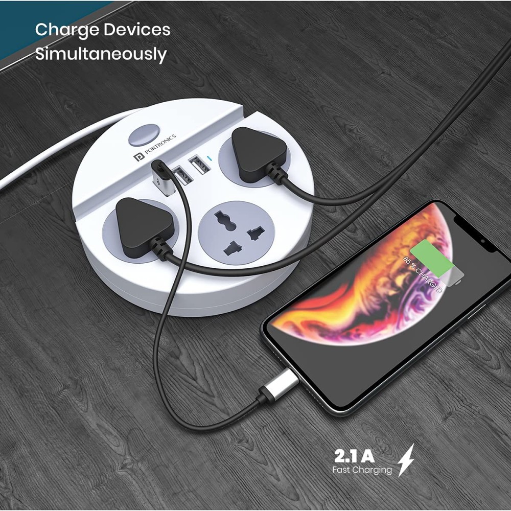 Portronics Power Plate 5 1500W Power Converter with 3 AC Sockets, 3 USB Ports & Mobile Holder | 1.5m Extension Cord-(White)