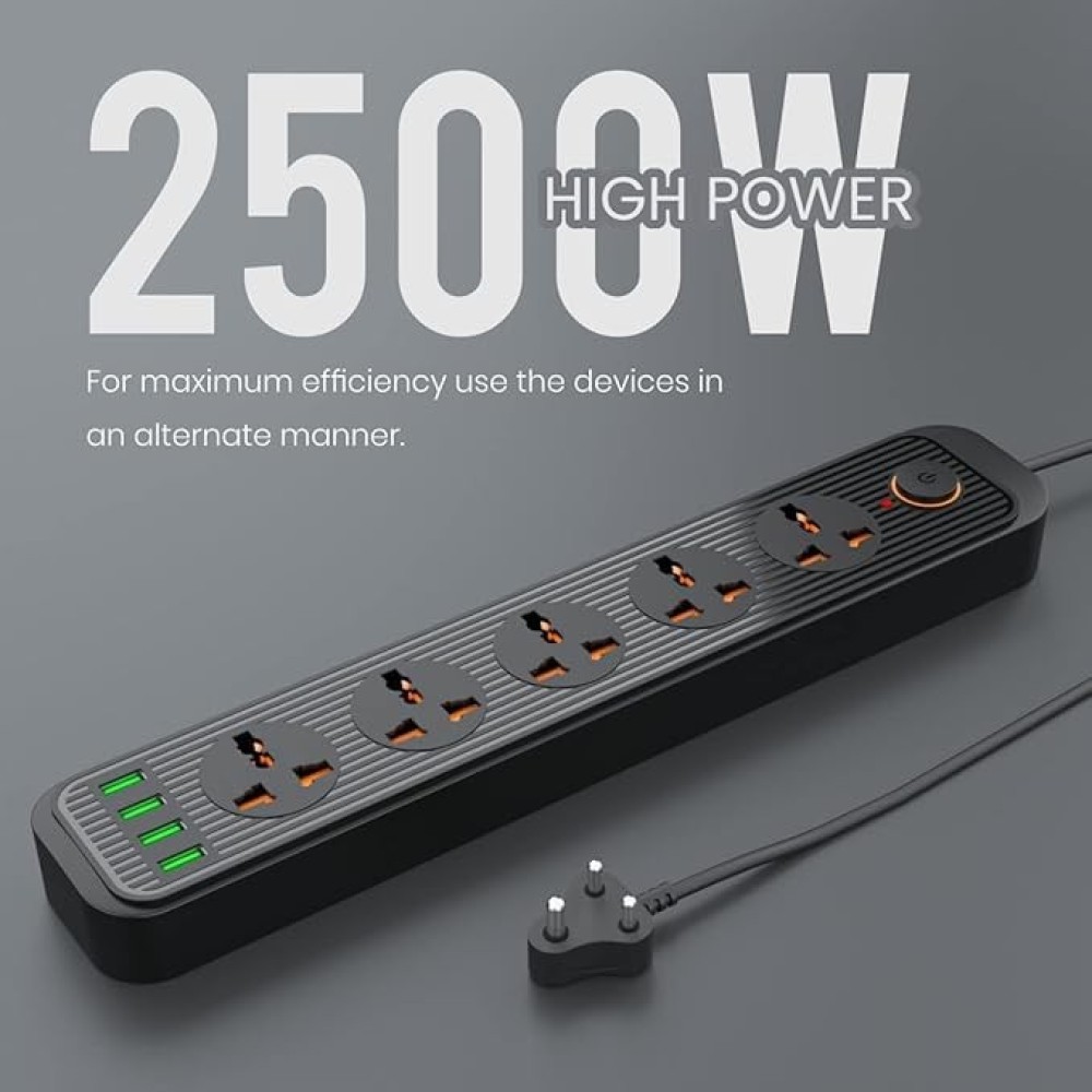 Power Plate 6 2500W Extension Board | 5 Sockets & 4 USB Ports 3M-(Black)