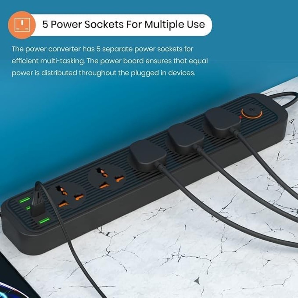 Power Plate 6 2500W Extension Board | 5 Sockets & 4 USB Ports 3M-(Black)