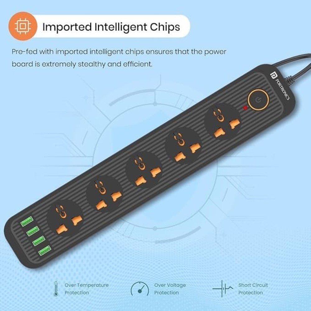 Power Plate 6 2500W Extension Board | 5 Sockets & 4 USB Ports 3M-(Black)