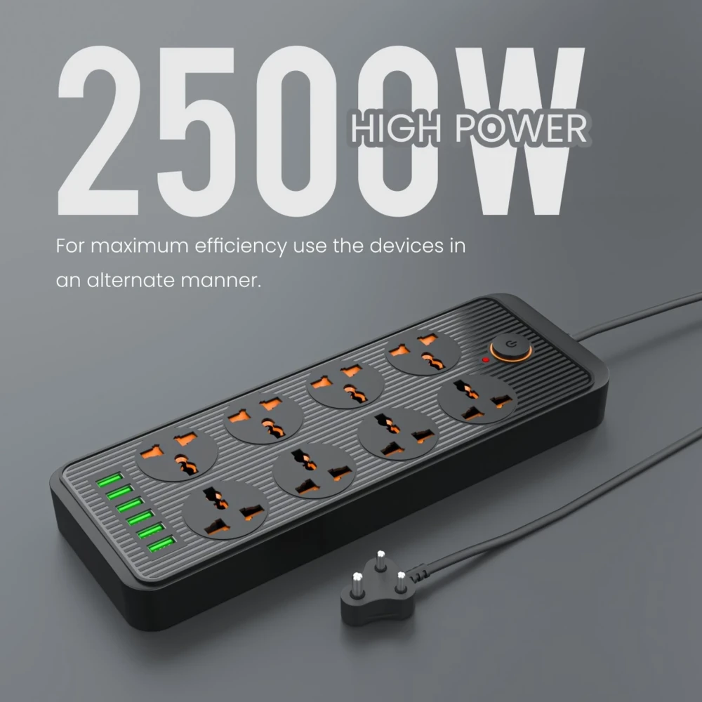 Portronics Power Plate 7 2500W Extension Board with 8 Sockets & 6 USB Ports | 2M Cord-(Black)