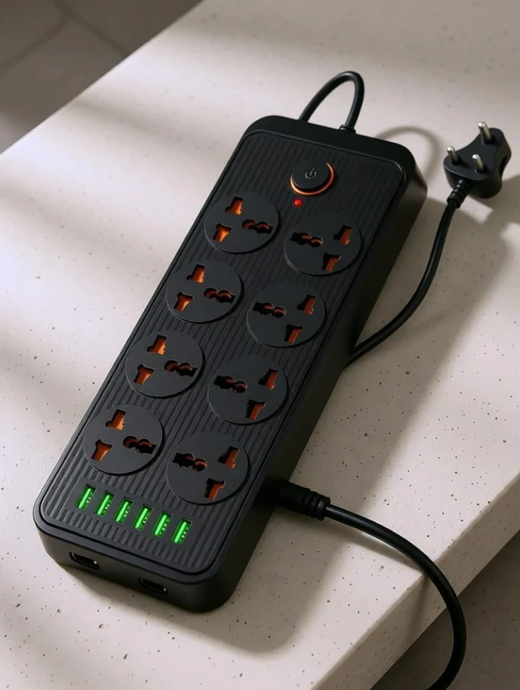 Portronics Power Plate 7 2500W Extension Board with 8 Sockets & 6 USB Ports | 2M Cord-(Black)