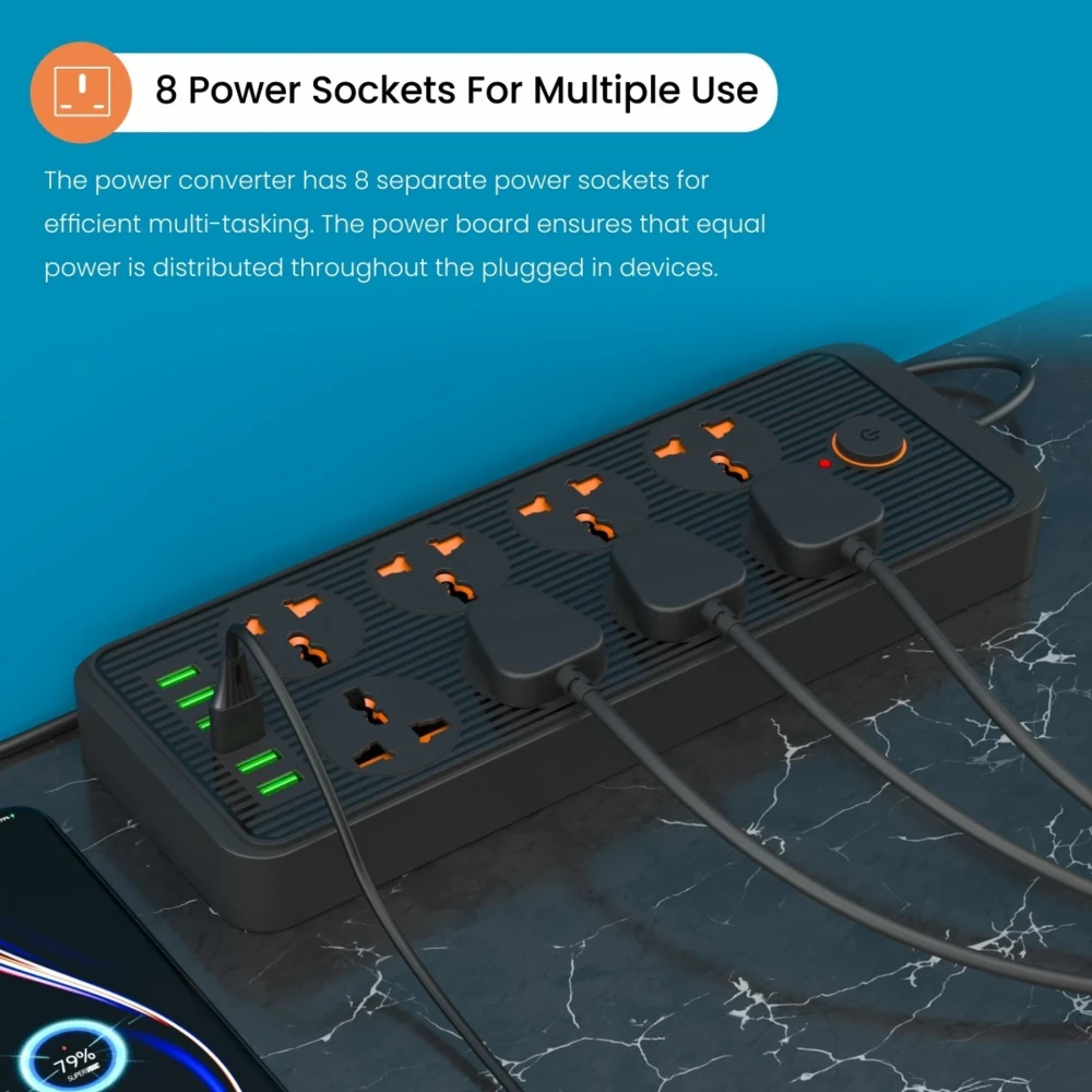 Portronics Power Plate 7 2500W Extension Board with 8 Sockets & 6 USB Ports | 2M Cord-(Black)