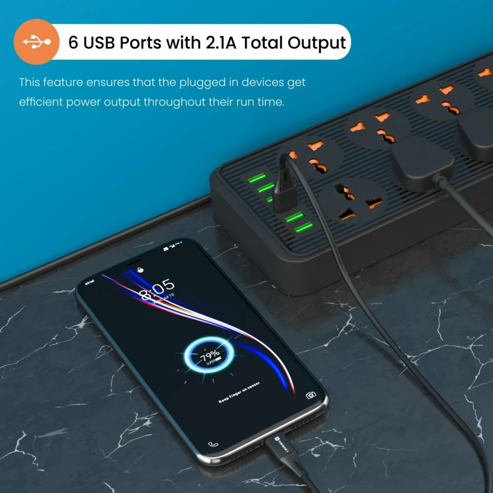 Portronics Power Plate 7 2500W Extension Board with 8 Sockets & 6 USB Ports | 2M Cord-(Black)