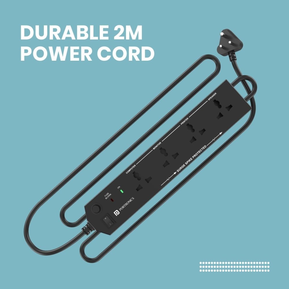 Portronics Power Plate 10 Extension Board with 4 universal sockets, 2-meter cord, 1500W, 6A capacity. Ideal for home and office appliances-(Black)