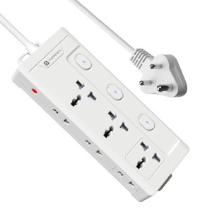 Portronics Power Plate 10 Pro 2500W 6-in-1 power extender with 3 universal sockets, 3 side 2-pin sockets, individual LED switches, 2M cord, overload protection, and wall-mount design for home and office use-(White)