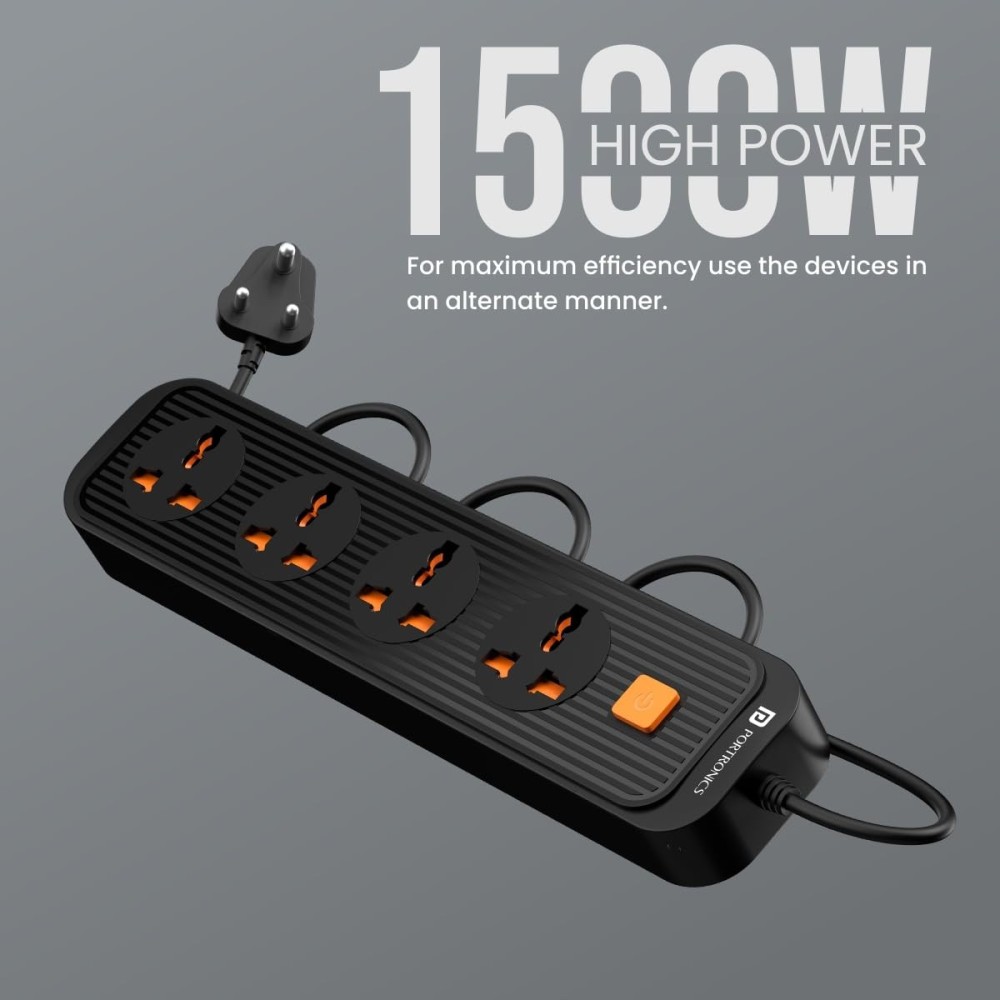 Portronics Power Plate 12 Extension Board | 4 Universal Sockets | 2M Cord | 1500W Fireproof Power Strip (Black)