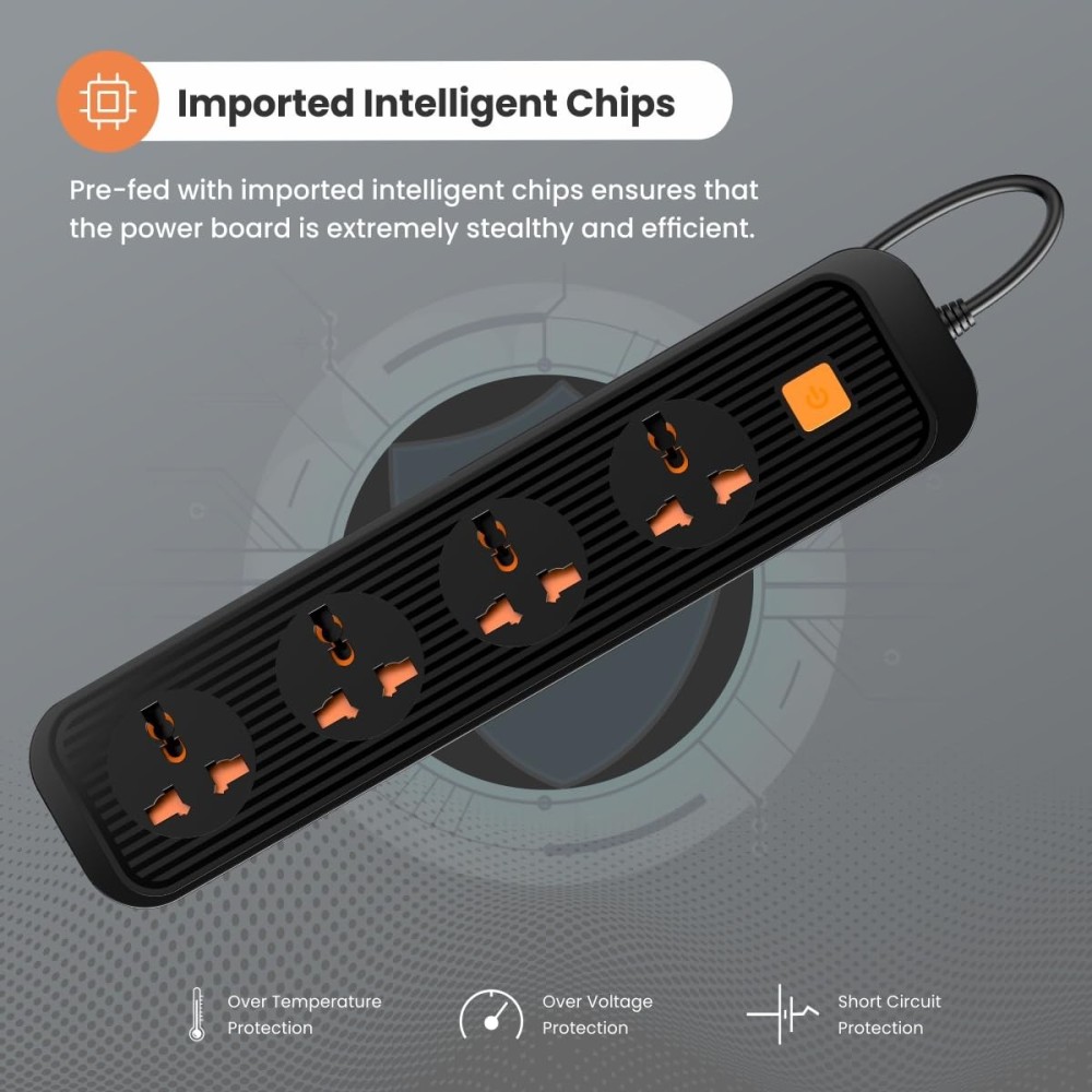 Portronics Power Plate 12 Extension Board | 4 Universal Sockets | 2M Cord | 1500W Fireproof Power Strip (Black)